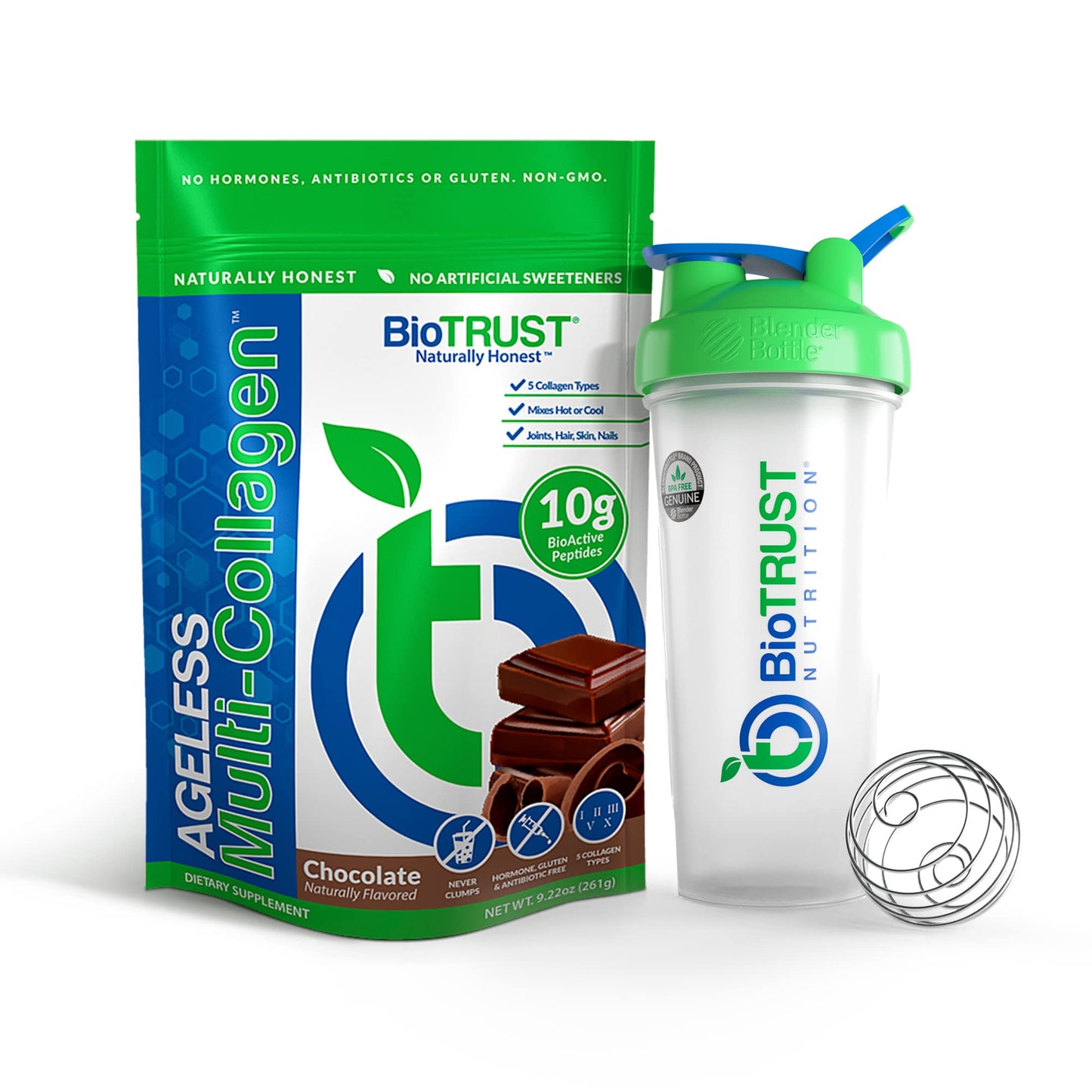 BioTrust Ageless Multi Collagen 5-in-1 Protein Powder (Chocolate) BlenderBottle Bundle