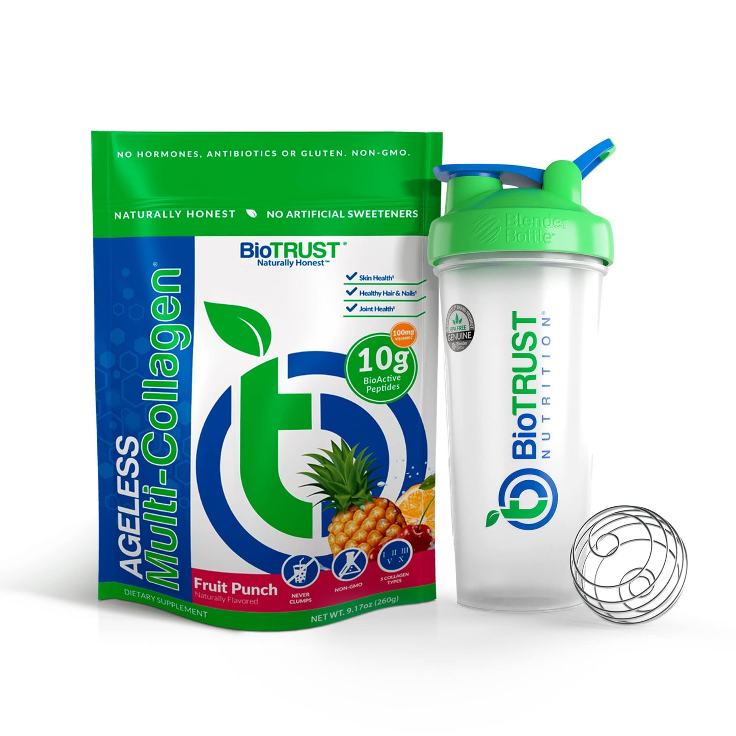 BioTrust Ageless Multi Collagen 5-in-1 Protein Powder (Fruit Punch) BlenderBottle Bundle