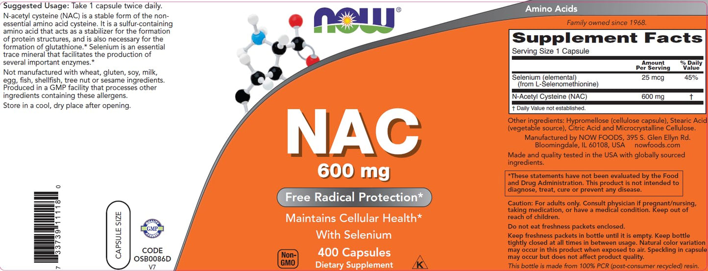 Now NAC 600 mg, 400 Capsules, N-Acetyl Cysteine with Selenium