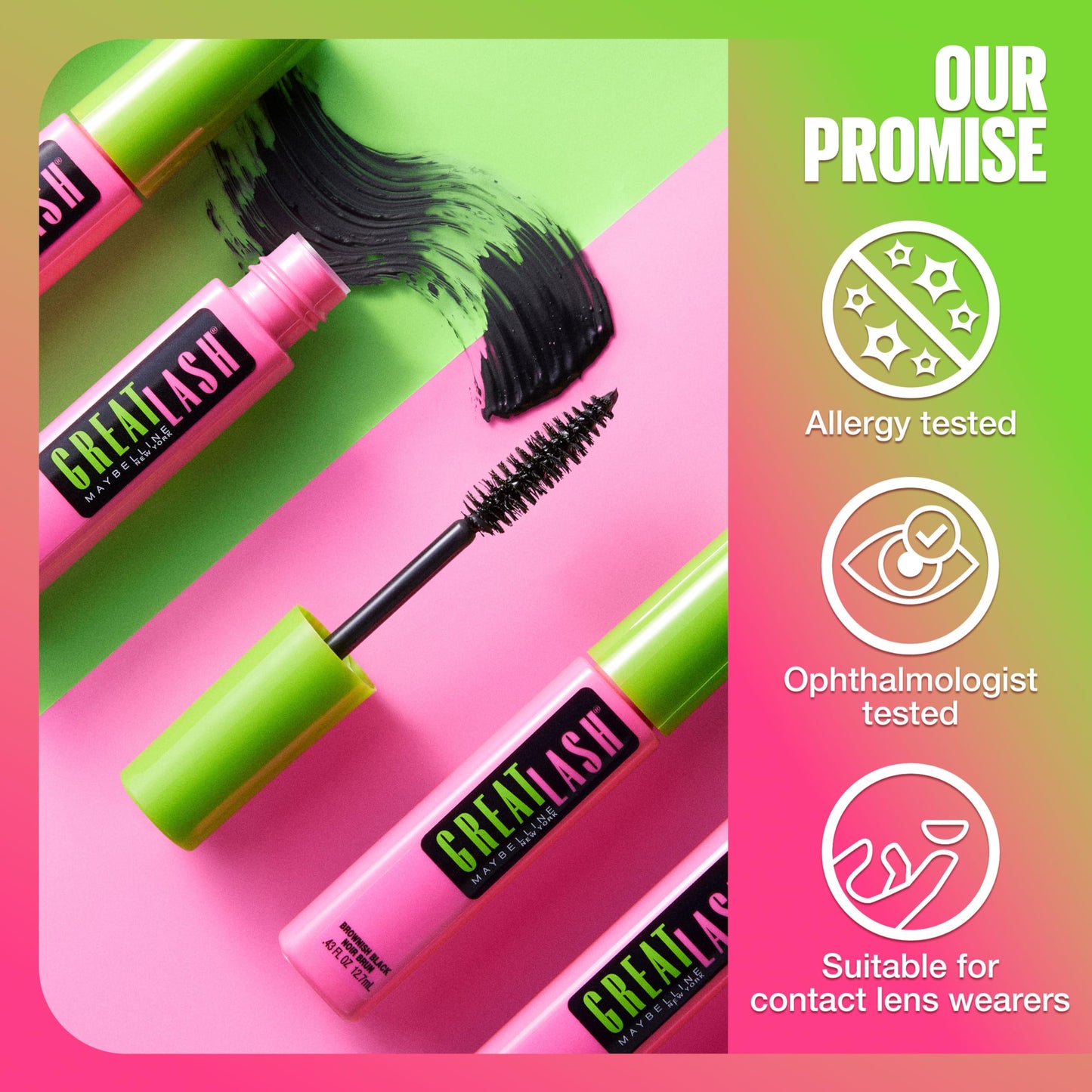 Maybelline Great Lash BIG Washable Mascara, Volumizing, Thickening, Lengthening Mascara, Blackest Black, 1 Count