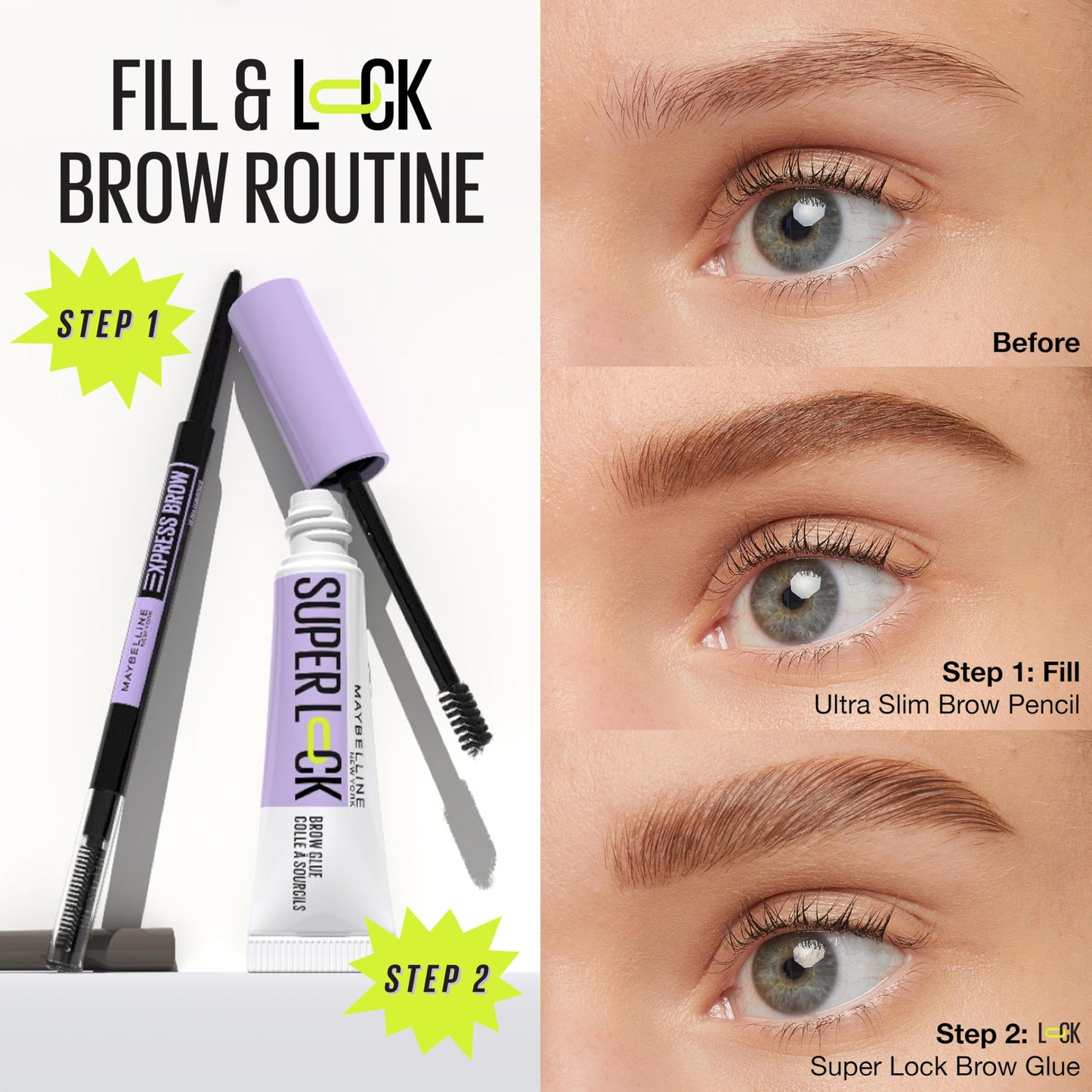 Maybelline Super Lock Brow Glue Eyebrow Gel, Lightweight and Waterproof Tinted Brow Gel For Up To 24HR Hold, Deep Brown, 1 Count