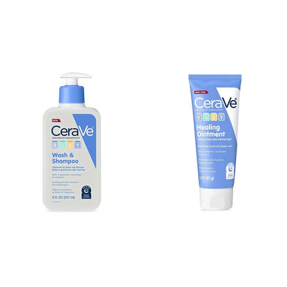 CeraVe Baby Wash & Shampoo | 2-in-1 Tear-Free Baby Wash & Sulfate Free | 8 Ounce & Diaper Rash Cream | Baby Healing Ointment for Extra Dry, 3 Ounce