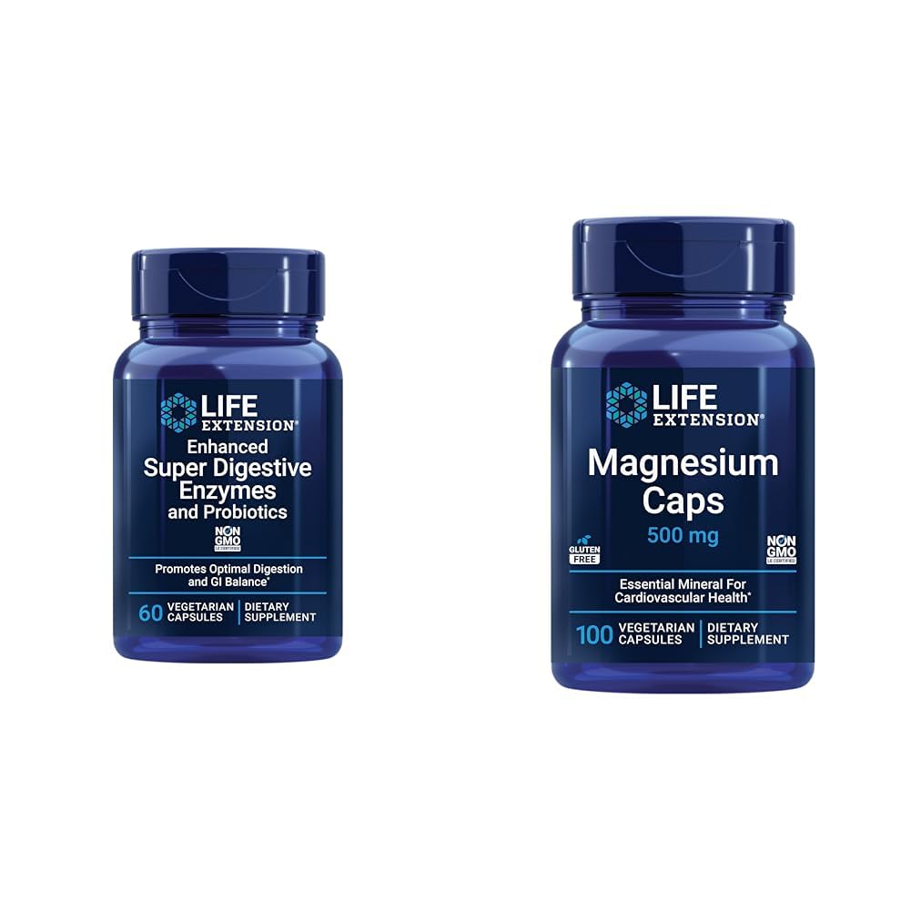 Life Extension 60 Vegetarian Capsules Enhanced Super Digestive Enzymes & Probiotics and 100 Magnesium Capsules for Heart, Bone, Metabolism Support
