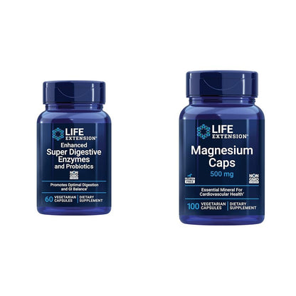 Life Extension 60 Vegetarian Capsules Enhanced Super Digestive Enzymes & Probiotics and 100 Magnesium Capsules for Heart, Bone, Metabolism Support