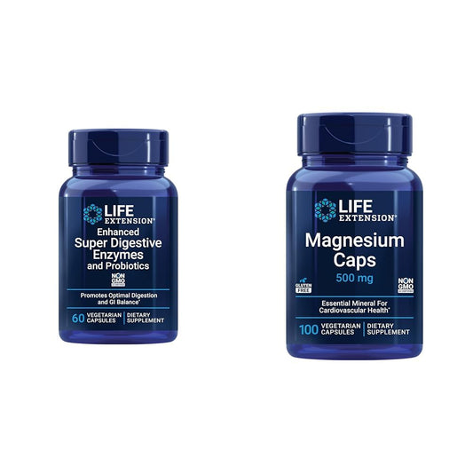 Life Extension 60 Vegetarian Capsules Enhanced Super Digestive Enzymes & Probiotics and 100 Magnesium Capsules for Heart, Bone, Metabolism Support