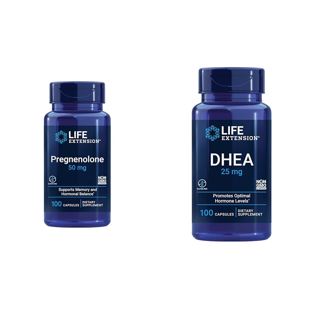 Life Extension Pregnenolone 50mg and DHEA 25mg - Hormone Balance and Anti-Aging Supplements - 100 Capsules Each