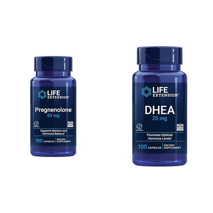Life Extension Pregnenolone 50mg and DHEA 25mg - Hormone Balance and Anti-Aging Supplements - 100 Capsules Each