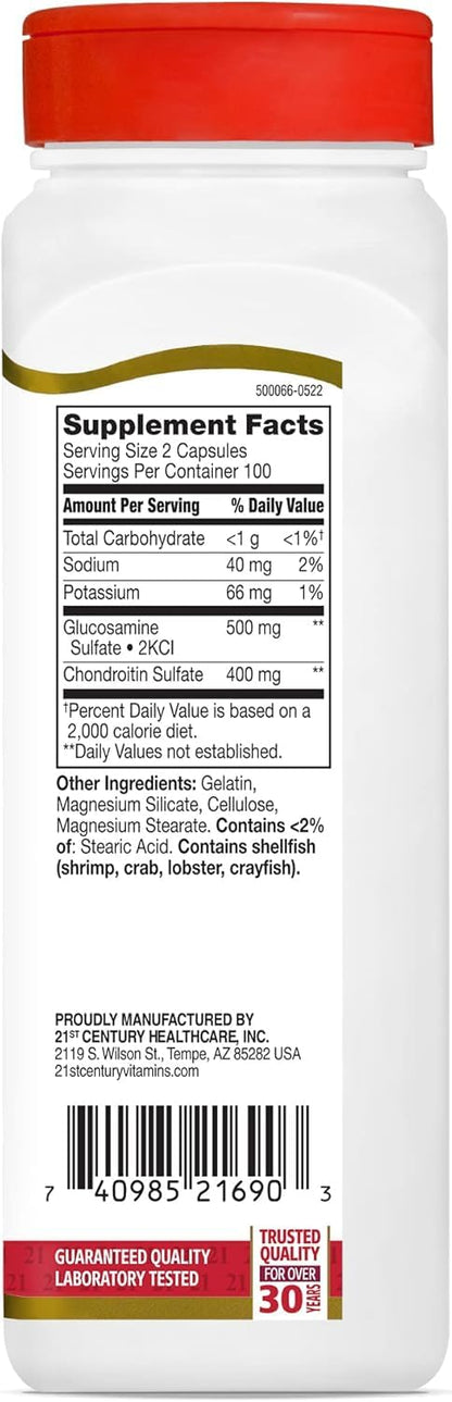 21st Century Glucosamine Chondroitin, Original Strength Joint Health Supplement for Adults, Cartilage and Mobility Support, Non-GMO, 200 Capsules