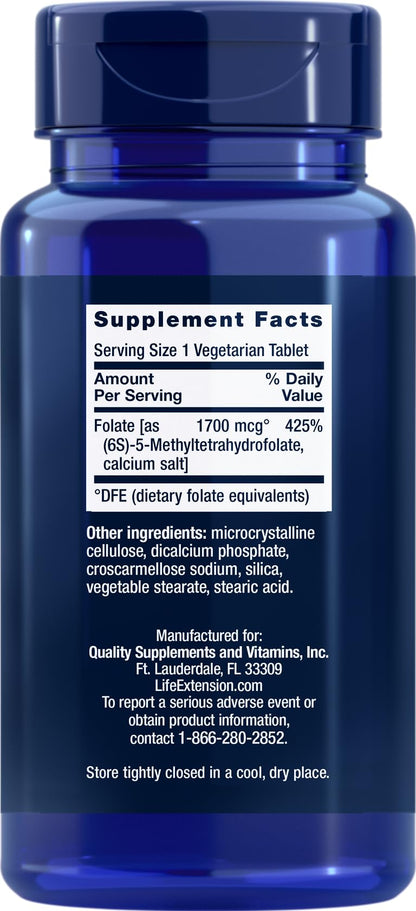 Life Extension Optimized Folate (L-Methylfolate) 1700 mcg DFE, 180 Veg Tablets (Pack of 2)