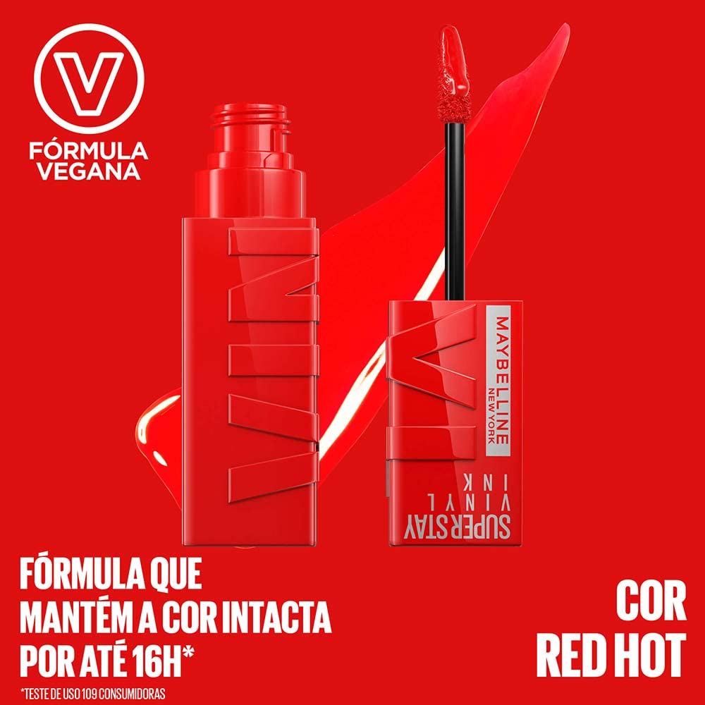 Maybelline Super Stay Vinyl Ink Longwear No-Budge Liquid Lipcolor Makeup, Highly Pigmented Color and Instant Shine, Red-Hot, Fire Engine Red Lipstick, 0.14 fl oz, 1 Count