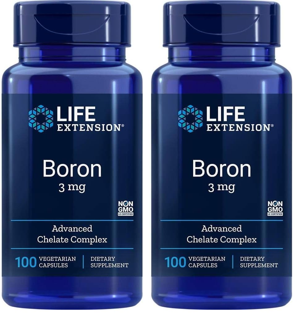 Life Extension Boron 3 mg, Vitamin B2, Supports Healthy Bones, Optimal Bone Metabolism, Immune Function, Nervous System Health, Gluten Free, Non-GMO, Vegetarian, 100 Capsules (Pack of 2)