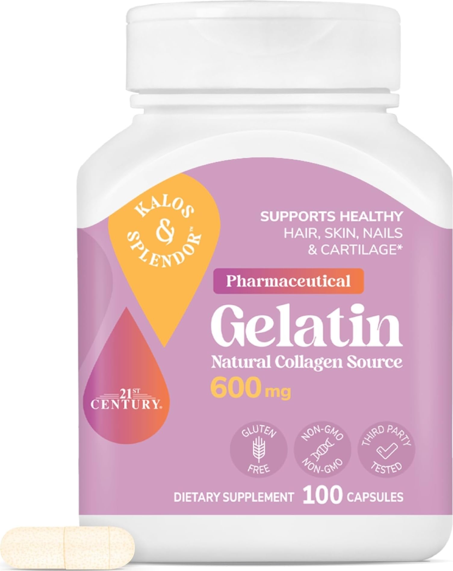 21st Century Gelatin 600mg Capsules for Hair, Skin & Nails, 100 Count