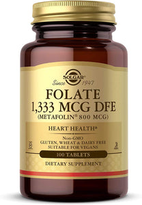 Solgar Folate 1,333 mcg DFE, 100 Tablets - 800 mcg Bio-Active Metafolin - Heart Health - Non-GMO, Vegan, Gluten Free, Dairy Free, Kosher - 100 Servings