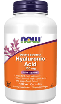 NOW Foods Supplements, Hyaluronic Acid 100 mg, Double Strength with L-Proline, Alpha Lipoic Acid and Grape Seed Extract, 180 Veg Capsules (1)