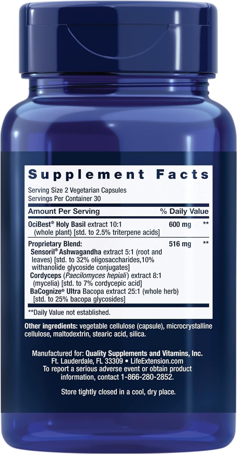 Life Extension Adrenal Energy Formula, Help inhibit the Effects of Stress, holy Basil, cordyceps, bacopa and ashwagandha, Gluten Free, Non-GMO, Vegetarian, 60 Capsules