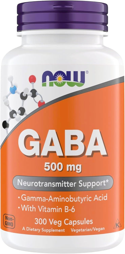 NOW Foods Supplements, GABA (Gamma-Aminobutyric Acid) 500 mg + B-6, Natural Neurotransmitter*, 300 Veg Capsules