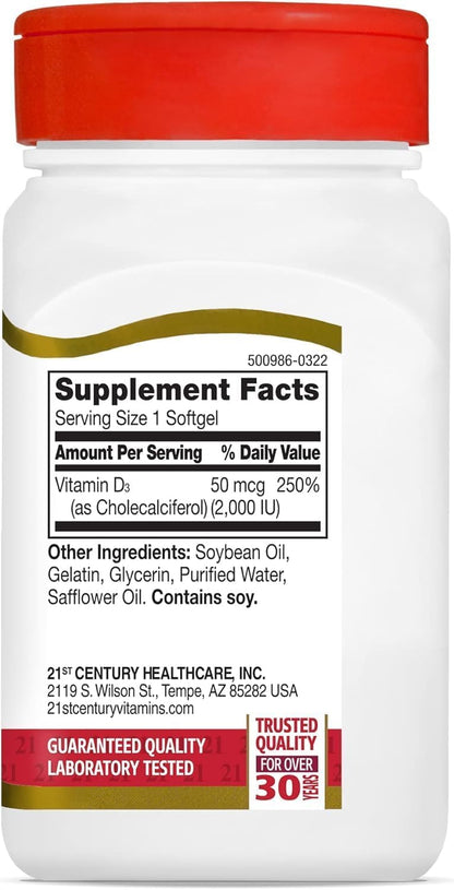 21st Century Vitamin D3 2000 IU Softgels, Bone & Immune, 250 Count