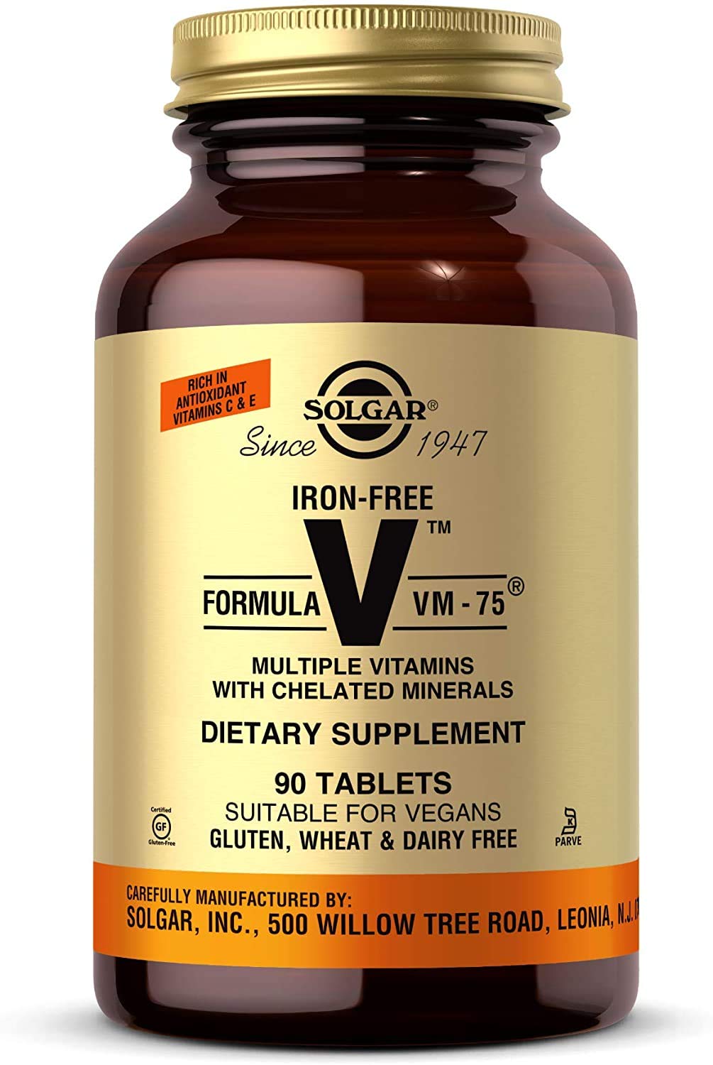 Solgar Iron-Free Formula VM-75, 90 Tablets - Vitamins A, B6, B12, C, D, E