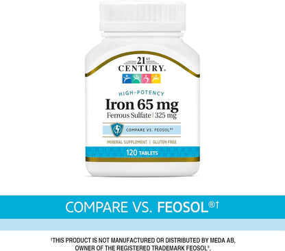 21st Century Maximum Strength Iron 65mg Tablets, Energy Support, 120 Count