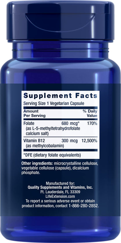 Life Extension BioActive Folate & Vitamin B12, 150 Vegetarian Capsules (Pack of 2), Non GMO, Gluten Free