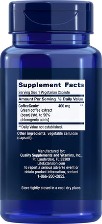 Life Extension CoffeeGenic® Green Coffee Extract, 400 mg, standardized for 50% chlorogenic Acid, After-Meal Metabolism Support, Gluten Free, Non-GMO, Vegetarian, 90 Capsules
