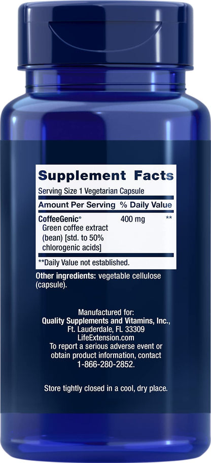 Life Extension CoffeeGenic® Green Coffee Extract, 400 mg, standardized for 50% chlorogenic Acid, After-Meal Metabolism Support, Gluten Free, Non-GMO, Vegetarian, 90 Capsules