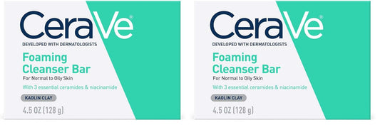 CeraVe Foaming Cleanser Bar, Soap-Free Body and Face Cleanser Bar for Oily Skin, Fragrance Free, 4.5 Ounce (Pack of 2)