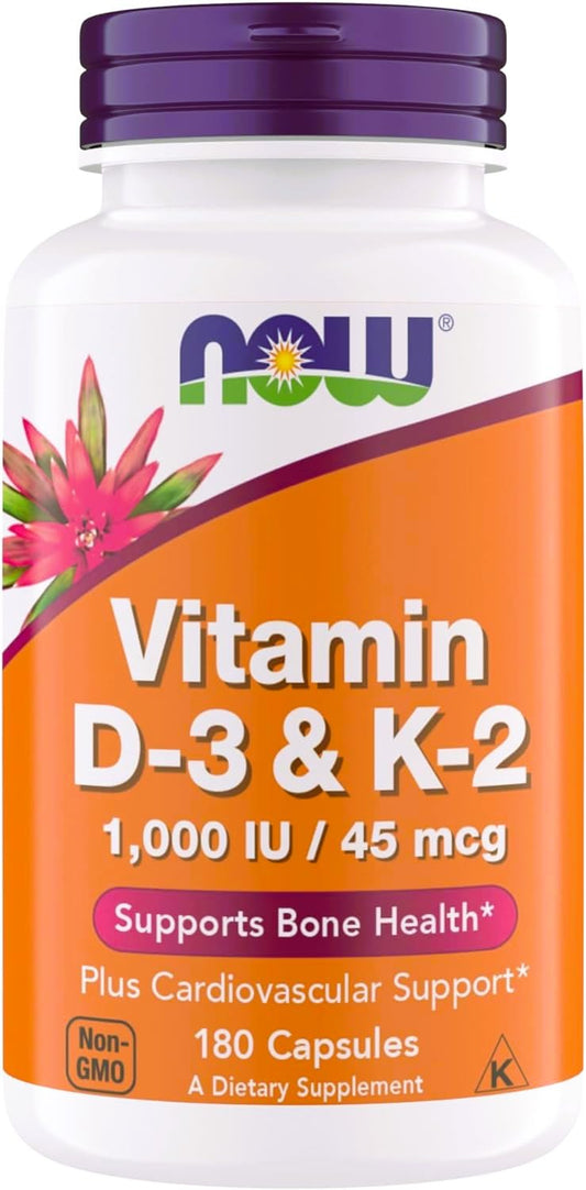 Now Supplements Vitamin D3 K2, 1,000 IU/45 mcg, Cardiovascular Support, Supports Bone Health, 180 Vegetarian Capsules - Vegan, Gluten Free, Kosher