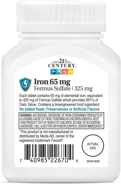 21st Century Maximum Strength Iron 65mg Tablets, Energy Support, 120 Count