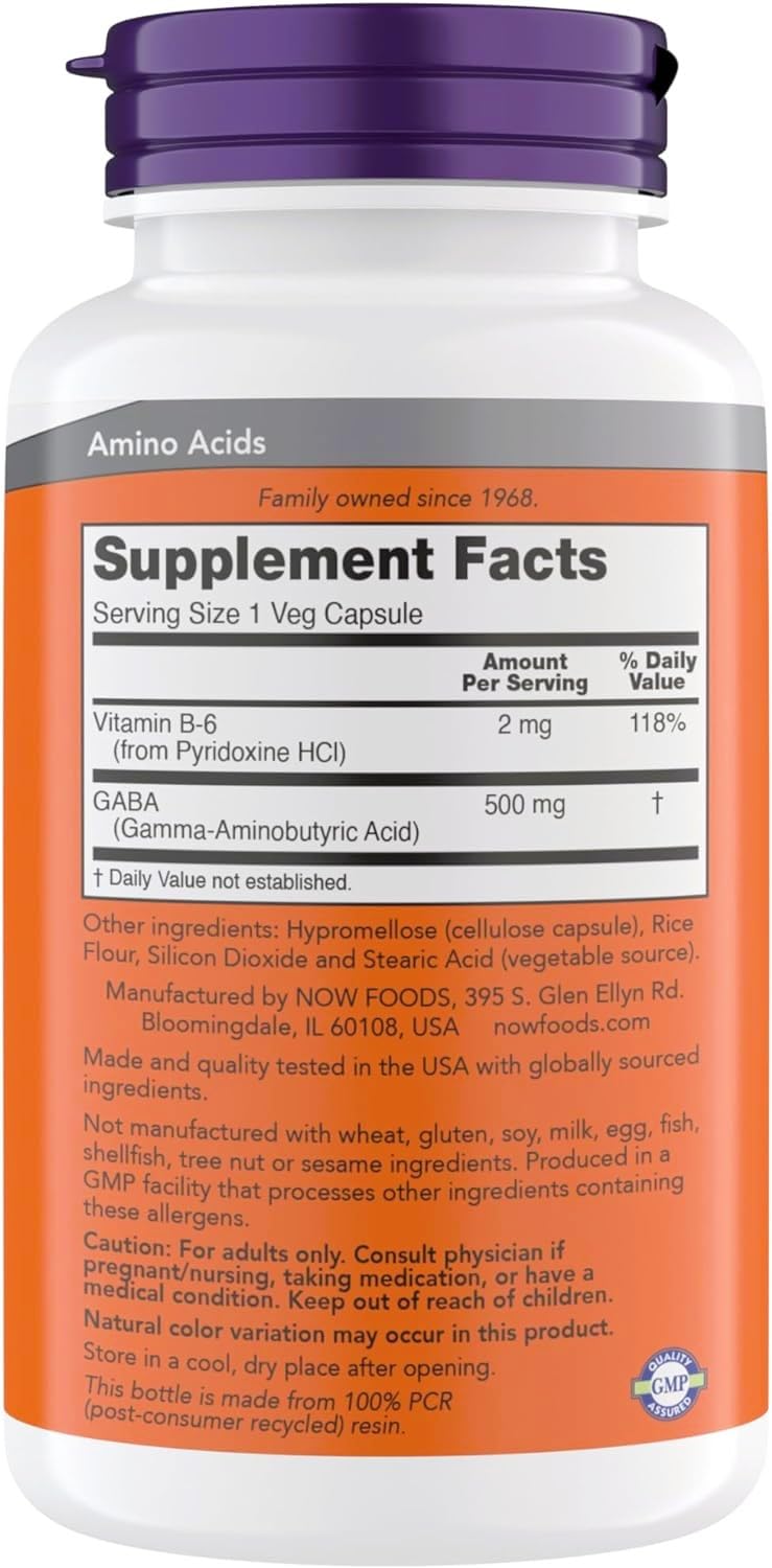 NOW Foods Supplements, GABA (Gamma-Aminobutyric Acid) 500 mg + B-6, Natural Neurotransmitter*, 300 Veg Capsules