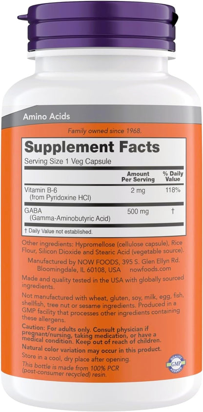 NOW Foods Supplements, GABA (Gamma-Aminobutyric Acid) 500 mg + B-6, Natural Neurotransmitter*, 300 Veg Capsules