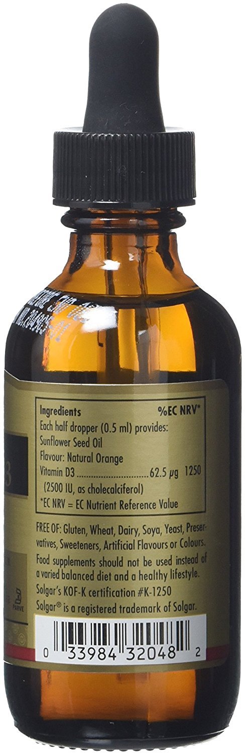 Solgar Liquid Vitamin D3 125 mcg (5,000 IU), 2 fl oz - Delicious, Natural Orange Flavor - Helps Maintain Healthy Bones & Teeth - Immune System Support - Gluten Free, Dairy Free, Kosher - 59 Servings