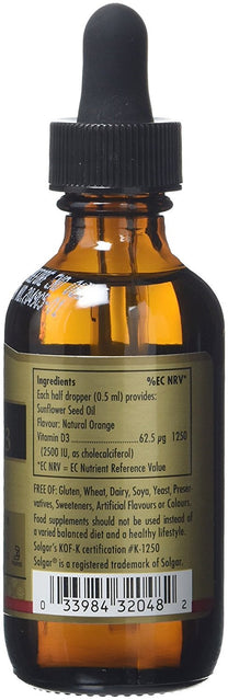 Solgar Liquid Vitamin D3 125 mcg (5,000 IU), 2 fl oz - Delicious, Natural Orange Flavor - Helps Maintain Healthy Bones & Teeth - Immune System Support - Gluten Free, Dairy Free, Kosher - 59 Servings
