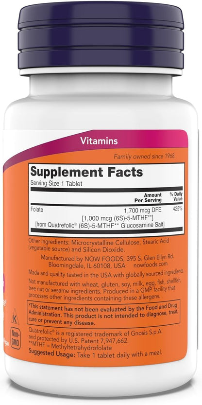 Now Supplements Methyl Folate 1,000 mcg, Metabolically Active Folate, Co-Enzyme B Vitamin, 180 Tablets