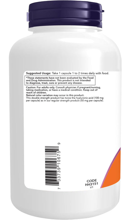 NOW Foods Supplements, Hyaluronic Acid 100 mg, Double Strength with L-Proline, Alpha Lipoic Acid and Grape Seed Extract, 180 Veg Capsules (1)