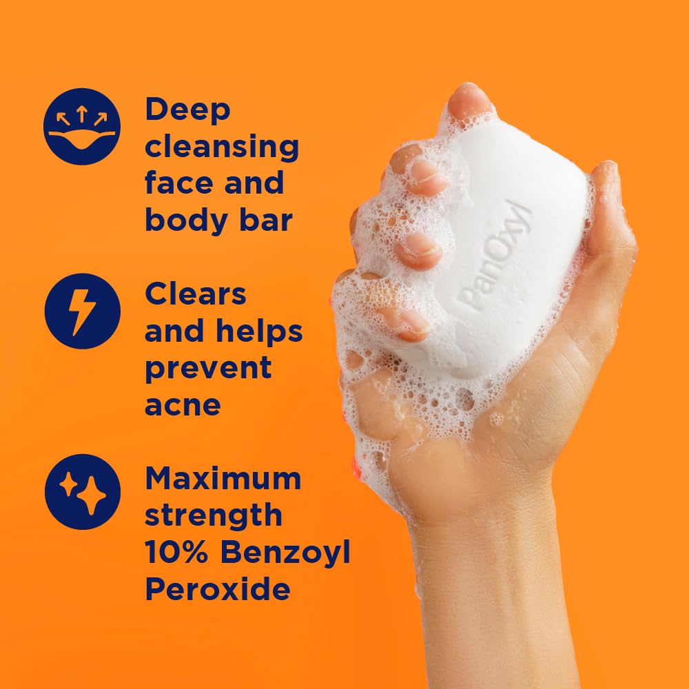 PanOxyl Acne Treatment Bar with 10% Benzoyl Peroxide, Maximum Strength Bar Soap for Face, Chest and Back, Benzoyl Peroxide Soap Body Wash, Vegan, For Acne Prone Skin, 4 oz