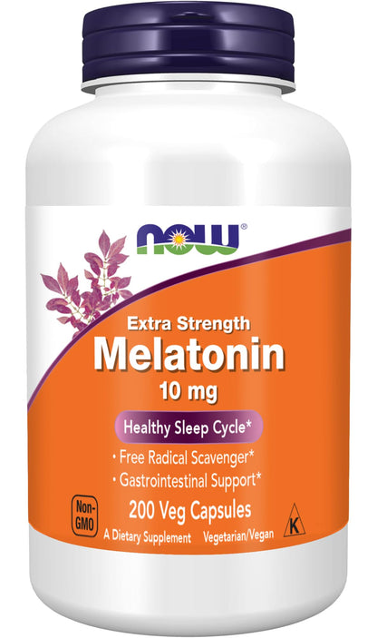 NOW Foods Supplements, Melatonin, Extra Strength 10 mg, Free Radical Scavenger*, Healthy Sleep Cycle*, 200 Veg Capsules