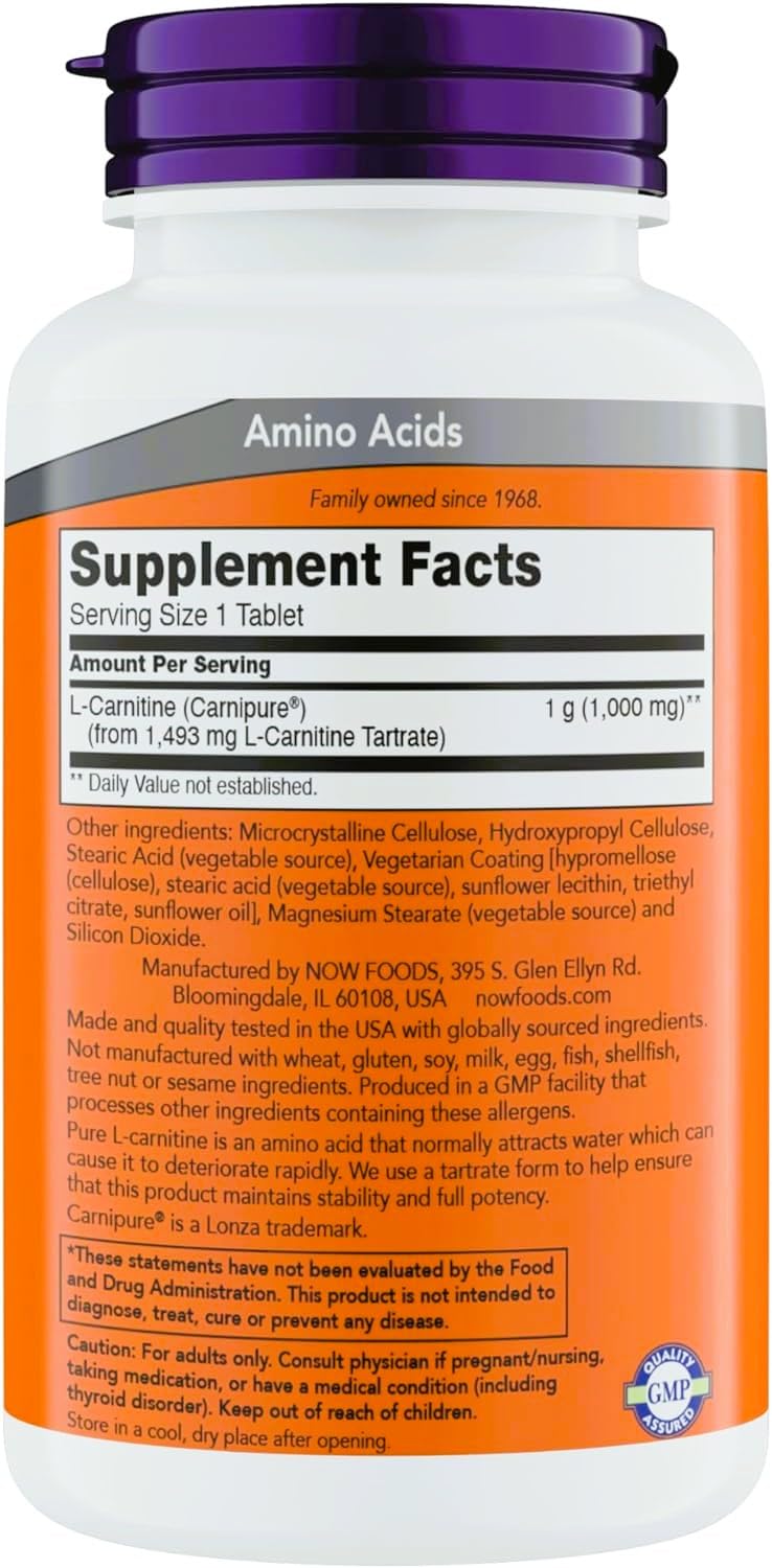 NOW Foods Supplements, L-Carnitine 1,000 mg, Purest Form, Carnipure, Amino Acid, Fitness Support, Tablets, 150 Count