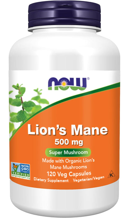 NOW Foods Supplements Lion's Mane 500 mg Super Mushroom Made with Organic Lion's Mane Mushrooms 120 Veg Capsules