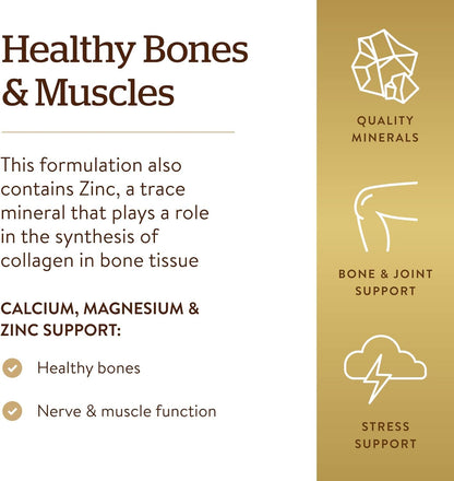 Solgar Calcium Magnesium Plus Zinc, 250 Tablets - Promotes Healthy Bones and Teeth - Supports Nerve & Muscle Function - Non GMO, Vegan, Gluten Free, Dairy Free, Kosher, Halal - 83 Servings