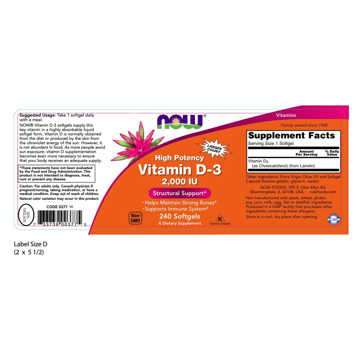 NOW Foods Vitamin D-3, Structural Support 2000 I.U, 480 Softgels