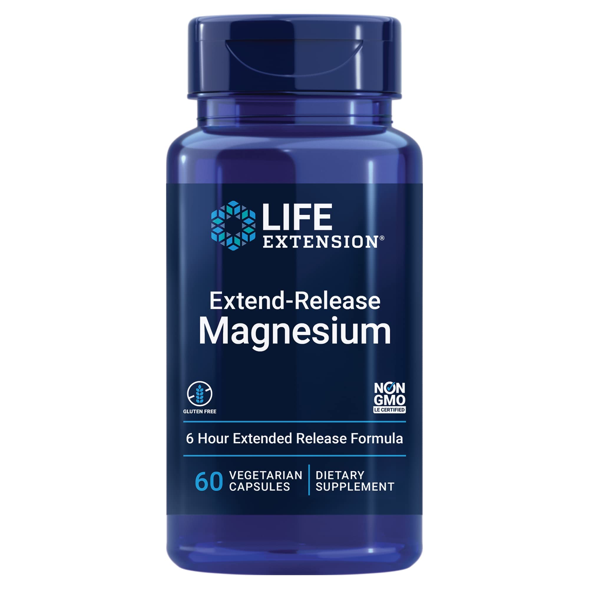 Life Extension Extend-Release Magnesium, prolonged Heart & Bone Health Support, Cardiovascular & Blood Pressure Health Support, bioavailable Formula, Gluten-Free, Non-GMO, Vegetarian, 60 Capsules