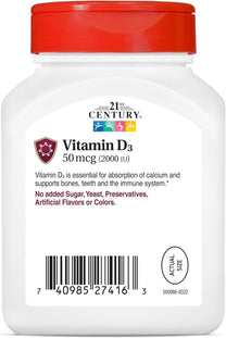 21st Century Vitamin D3 2000 IU Softgels, Bone & Immune, 250 Count