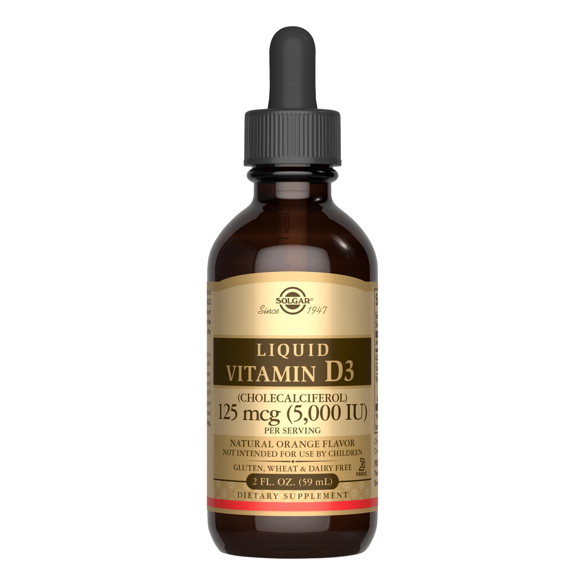 Solgar Liquid Vitamin D3 125 mcg (5,000 IU) - 2 fl oz - Delicious, Natural Orange Flavor - Helps Maintain Healthy Bones & Teeth - Immune System Support - Gluten Free, Dairy Free, Kosher - 59 Servings