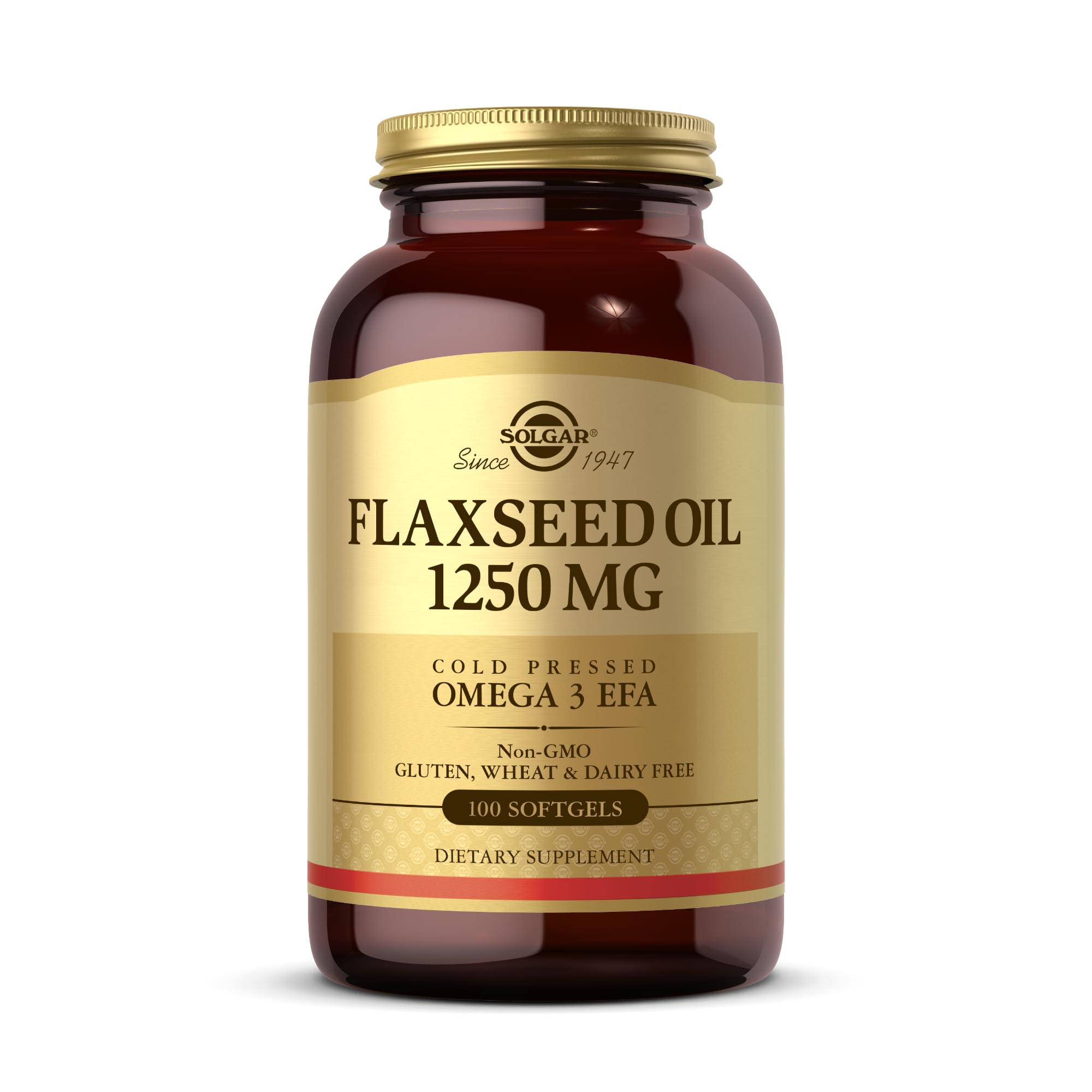 Solgar Flaxseed Oil 1250 mg - 100 Softgels - Concentrated Plant Source of Omega-3 Alpha-Linoleic Acid (ALA) - Non-GMO, Gluten Free - 50 Servings