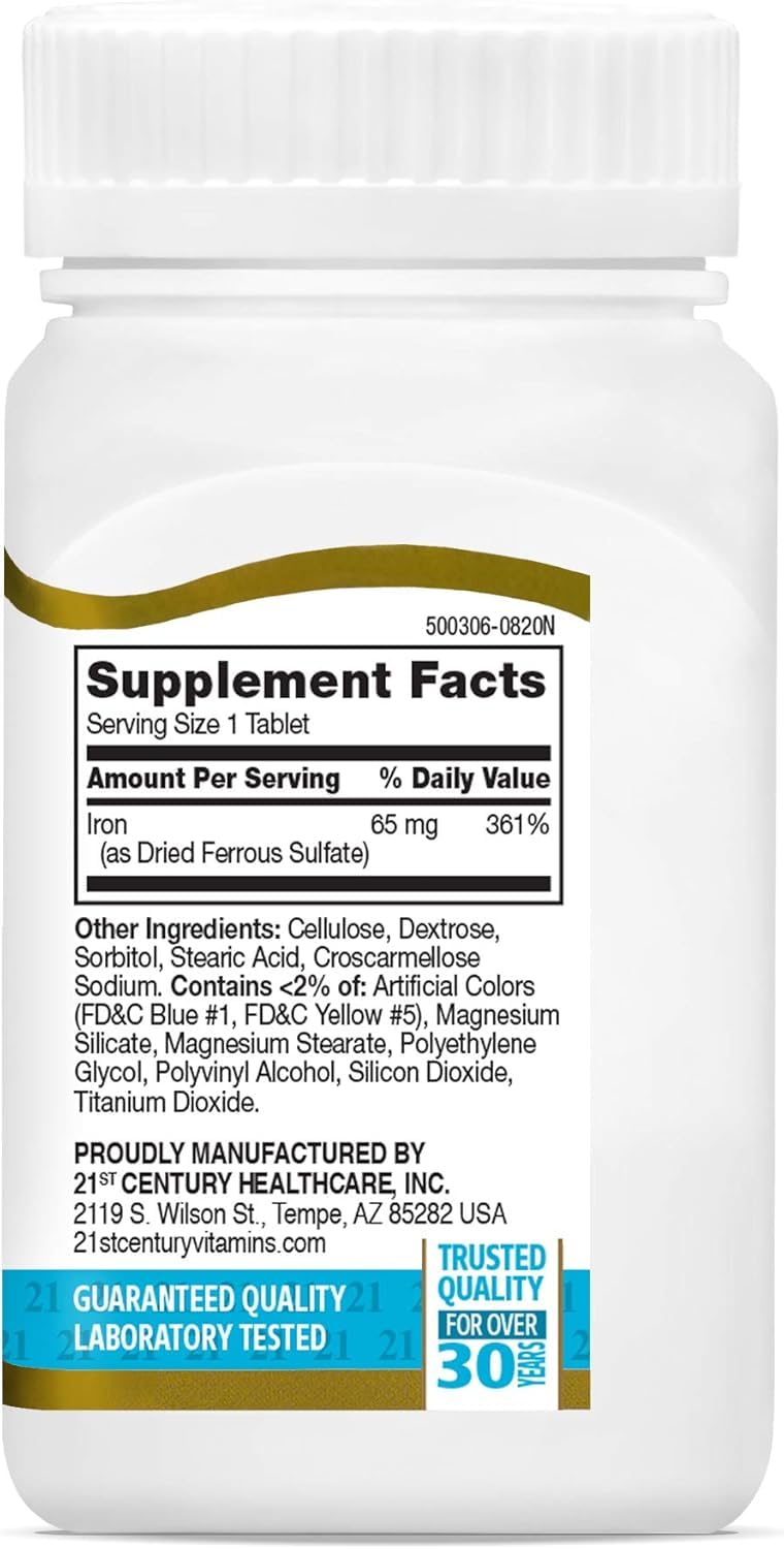 21st Century Maximum Strength Iron 65mg Tablets, Energy Support, 120 Count
