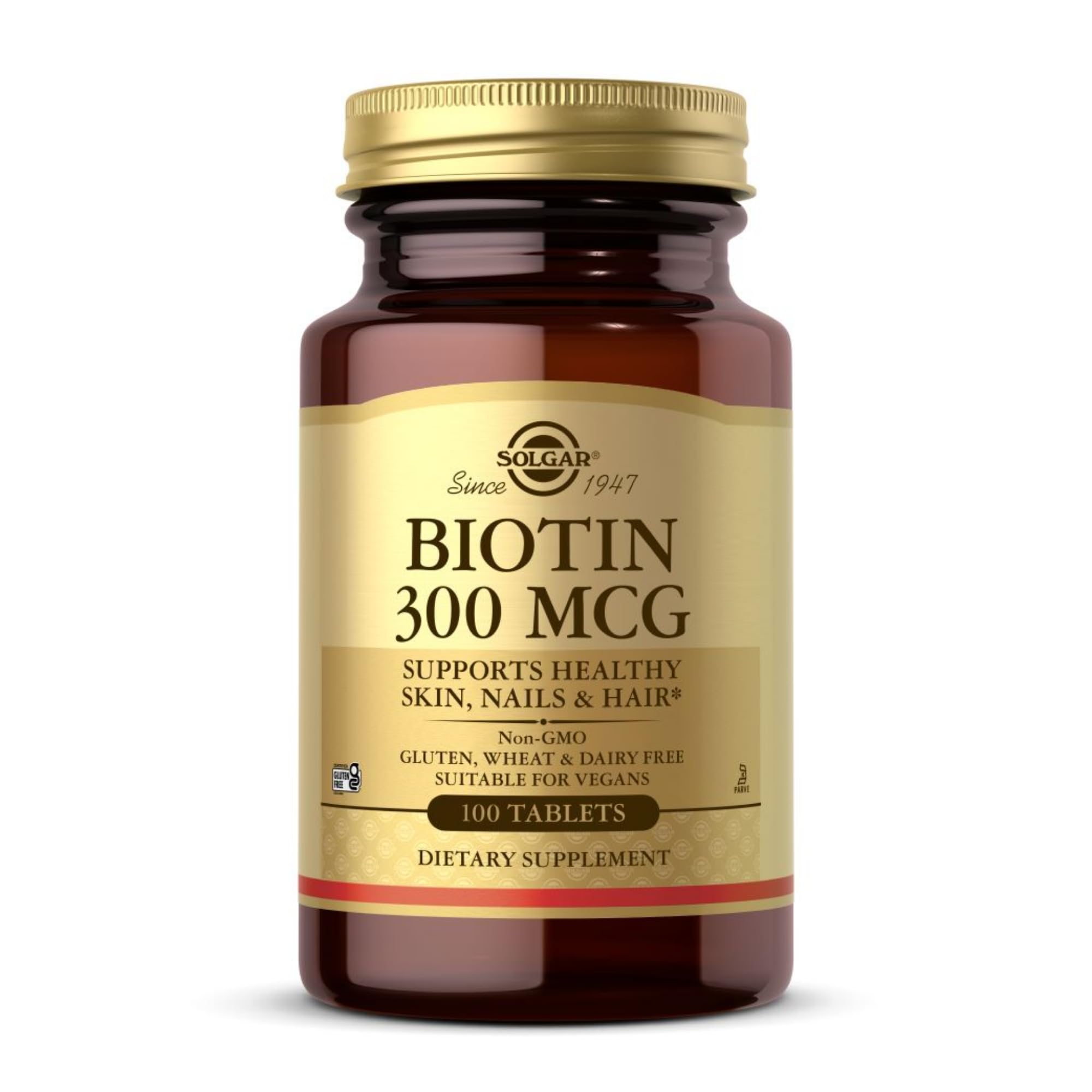 Solgar Biotin 300 mcg - 100 Tablets - Supports Healthy Skin, Nails & Hair - Non-GMO, Vegan, Gluten Free, Dairy Free, Kosherl - 100 Servings