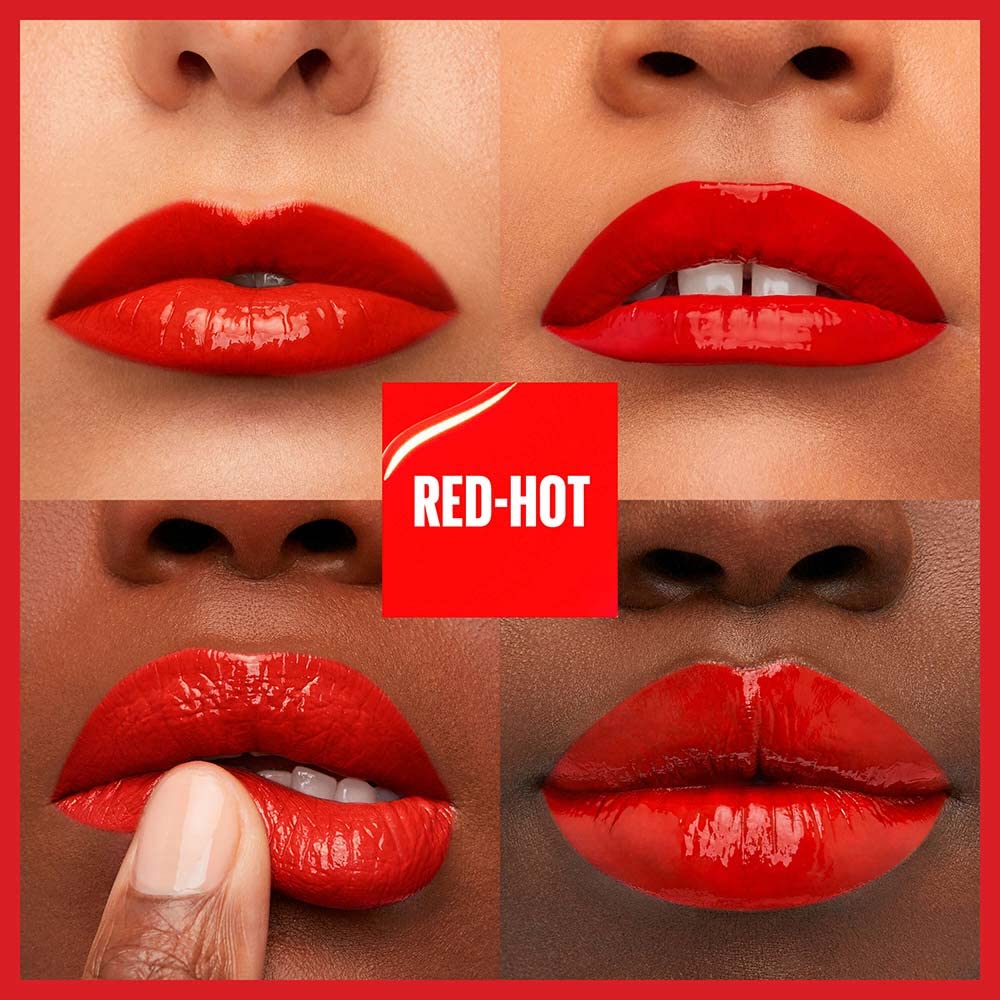Maybelline Super Stay Vinyl Ink Longwear No-Budge Liquid Lipcolor Makeup, Highly Pigmented Color and Instant Shine, Red-Hot, Fire Engine Red Lipstick, 0.14 fl oz, 1 Count