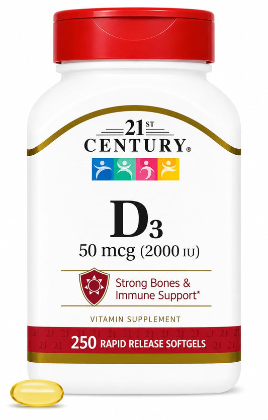 21st Century Vitamin D3 2000 IU Softgels, Bone & Immune, 250 Count