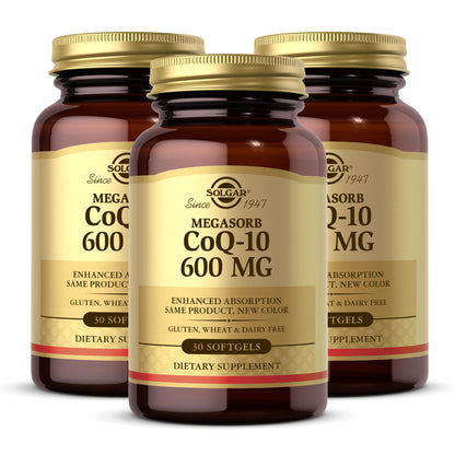 Solgar Megasorb CoQ-10 600 mg, 30 Softgels (Pack of 3) - Promotes Nervous System Health - Coenzyme Q10 Supplement - Enhanced Absorption - Gluten Free, Dairy Free - 90 Total Servings